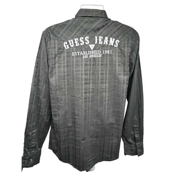 Guess Dobby Gray Western Pearl Snap Embroidered Shirt Flap Pockets Large New
